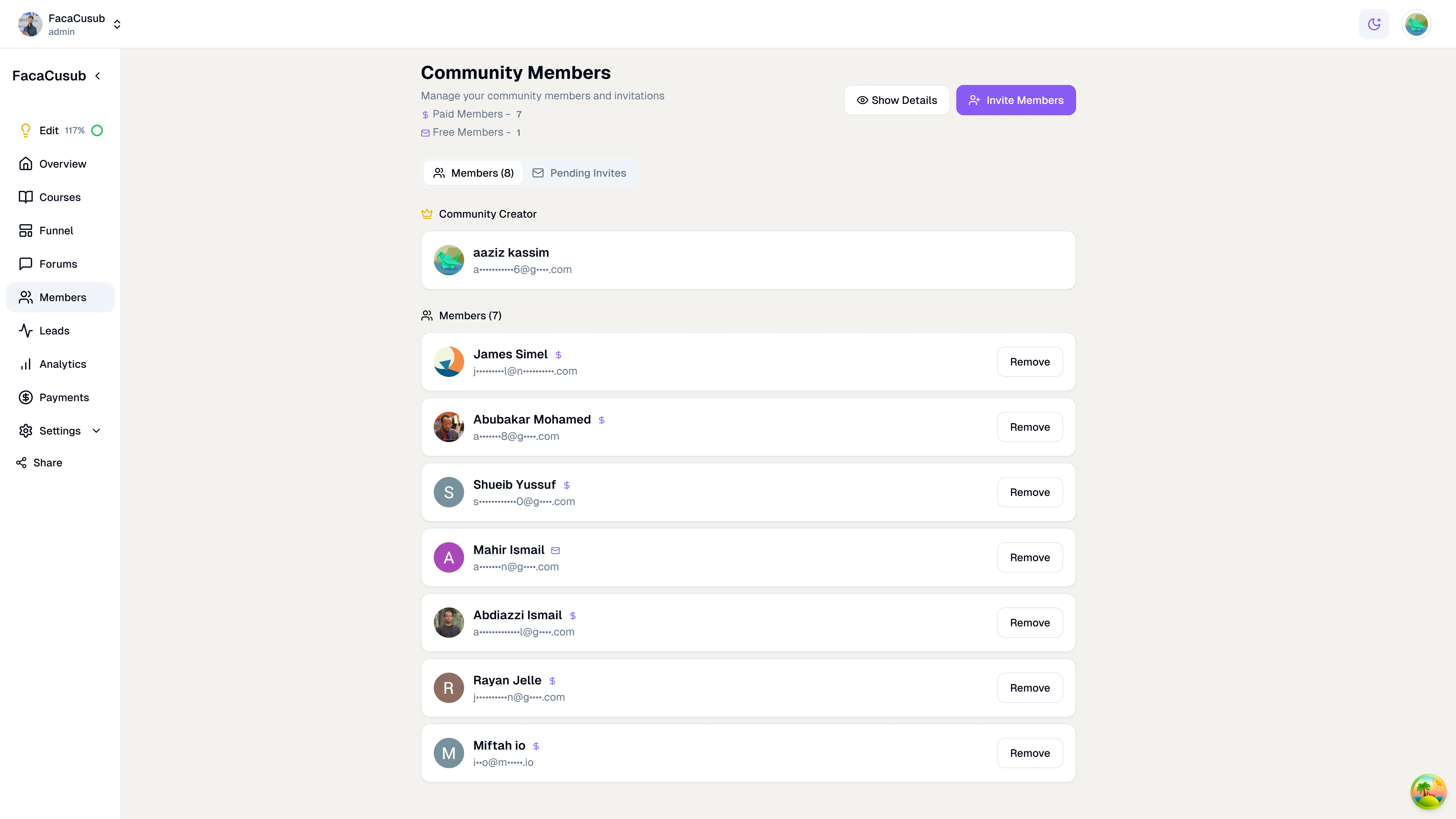 Member management screenshot